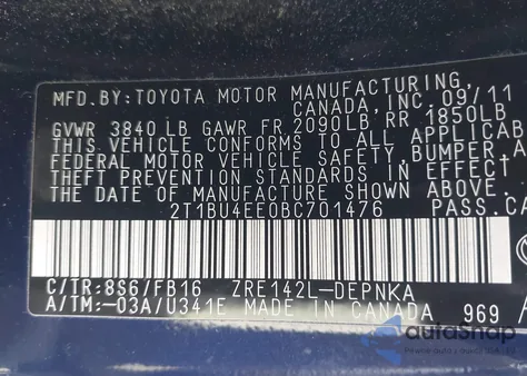 2011 Toyota Corolla Le z USA, uszkodzony, nr VIN 2T1BU4EE0BC701476